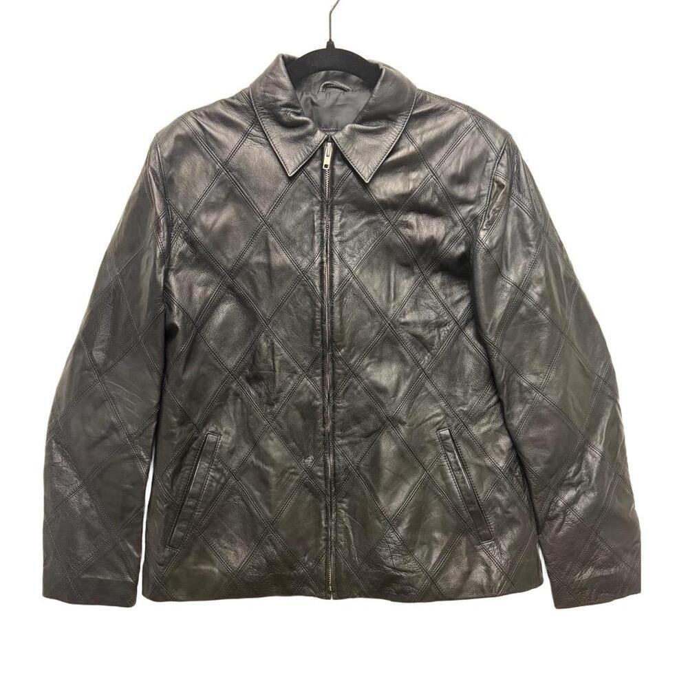 Equador Black Genuine Leather Quilted Zip-Up Jacket With Collar XL